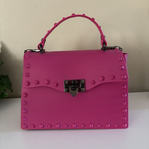 Hot Pink Handbag Spiky Studded Over Flap Top Handle Purse Bold Shoulder Strap - Picture 2 of 9